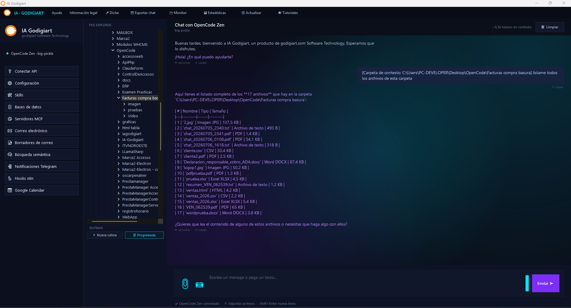 IA-Godigiart listando el contenido de una carpeta añadida como contexto