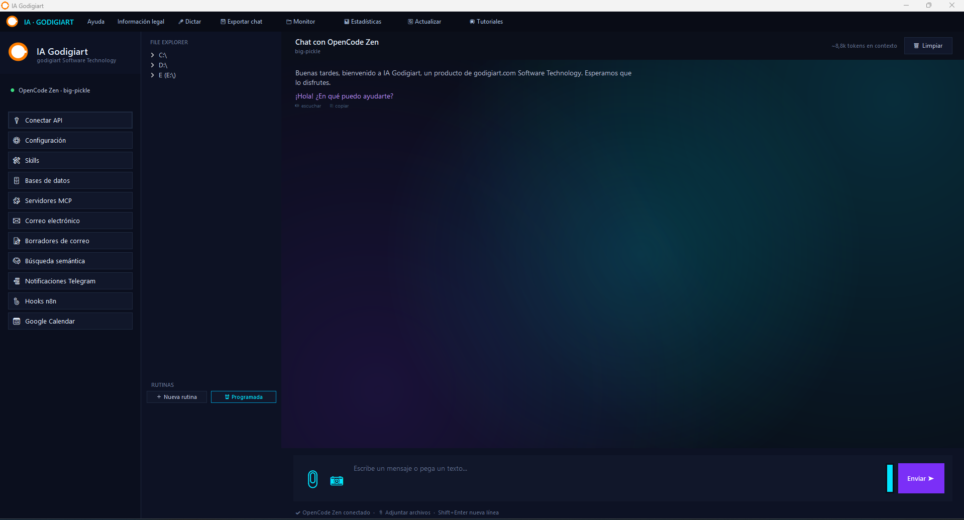 Pantalla principal de IA-Godigiart con la barra lateral de integraciones y el chat